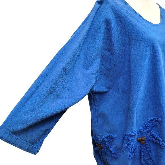 Cottonseed Wear Top Women's XL/1X Blue 100% Cotton Lagenlook Tropical Shark Bite - Picture 4 of 9